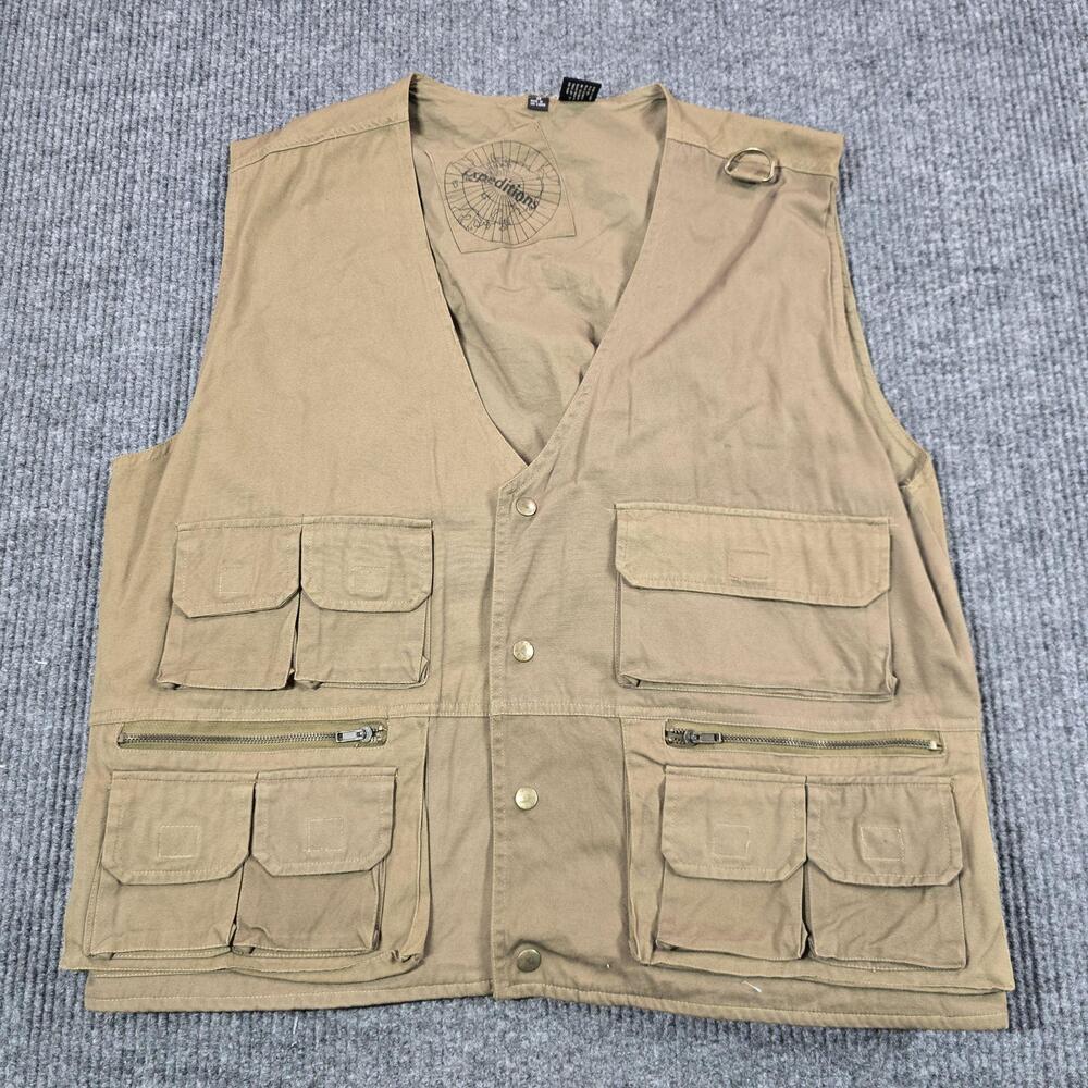 VTG Expedition Vest Mens Medium Beige Cotton Canvas Multi Pocket Outdoor Hiking